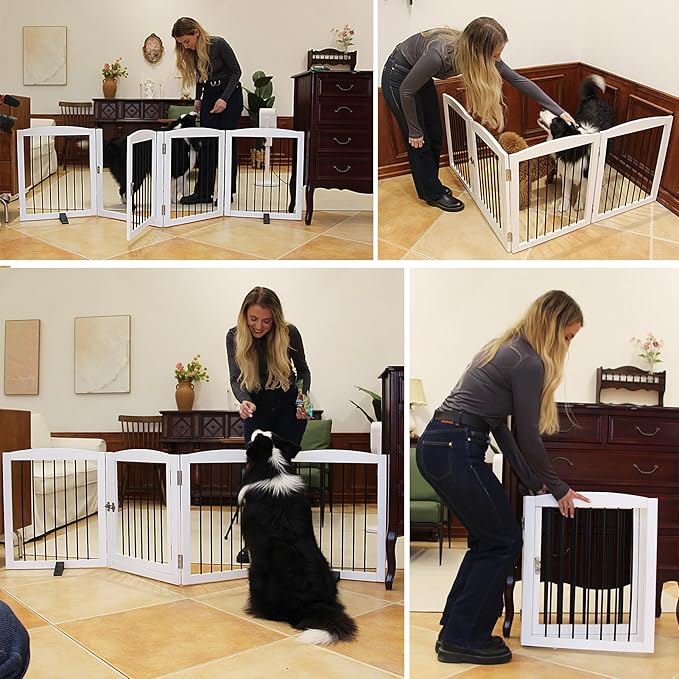 ZJSF Foldable Indoor Dog Door with Walk Through Door, Freestanding Pet Door for The House,Doorways, Stairs, Pet Puppy Safety Fence with Support Feet, White 6 Panels 120" Wide 32''Height