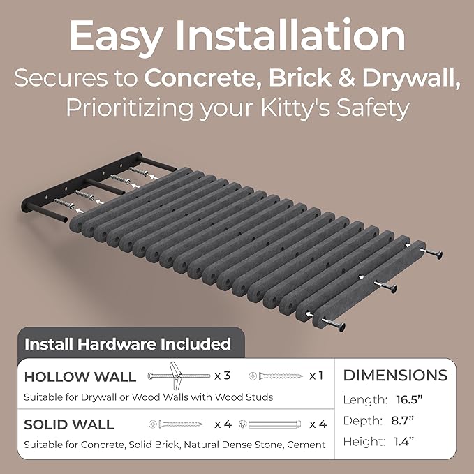 Wall Mounted Cat Perch Long Shelf by Pryde Pets - Floating Hammock Bed, 100% Sustainable PET Felt Feline Enrichment Climber Furniture for Indoor Cats, Modern Climbing Gym Jungle Design (Charcoal)