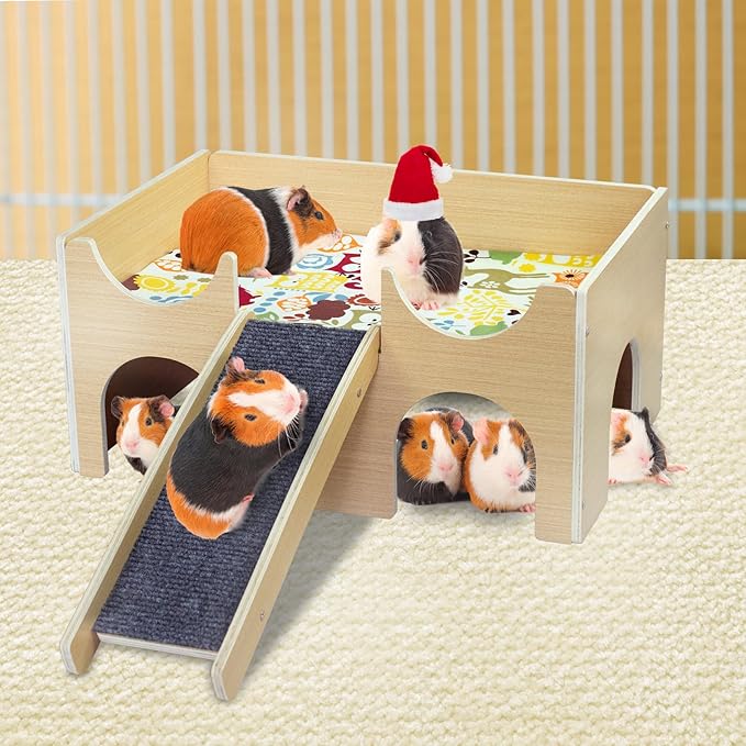 Large Guinea Pig Hideout, Sturdy Wooden Guinea Pig House, Small Animal Toys Accessories Bed Hut Habitats with Ramp and Mat, Easy to Install for Hamsters Bunny Rabbit Playing Hiding