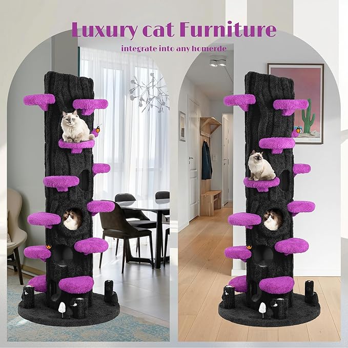 Super Large Cat Tree for Indoor Cats, All-in-One Tall Cats Tower with Scratching Post, Luxury Multi-Level Solid Wood Cat Condo for Multi-Cat Families (Purple)