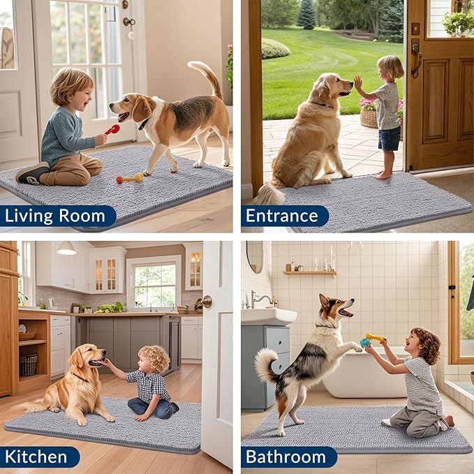 Smiry Dog Door Mat for Muddy Paws 70x24, Absorbs Moisture and Dirt Doormat, Non-Slip Washable Quick Dry Chenille Front Door Mat Indoor Entrance, Entryway Carpet for Inside Floor, Light Grey