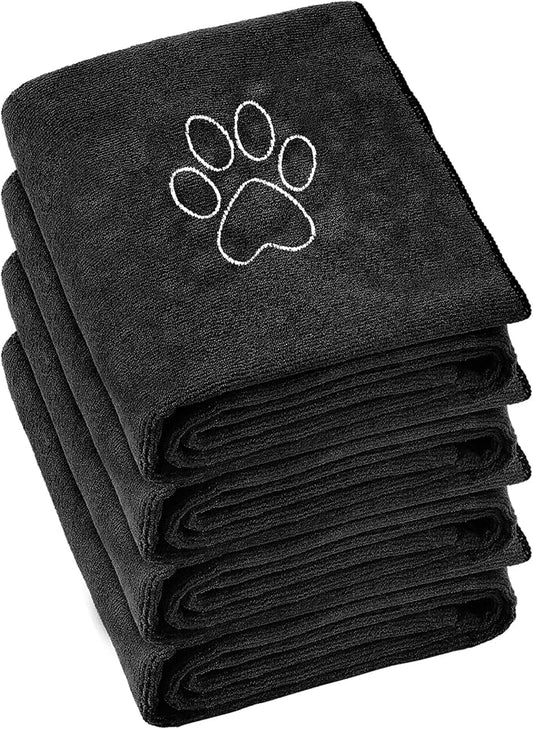 Chumia 4 Pack Dog Towels for Drying Large Microfiber Grooming Tools Absorbent Soft Bath Supplies with Embroidered Paw for Small Medium Pet Products(30 x 50 Inch,Black)