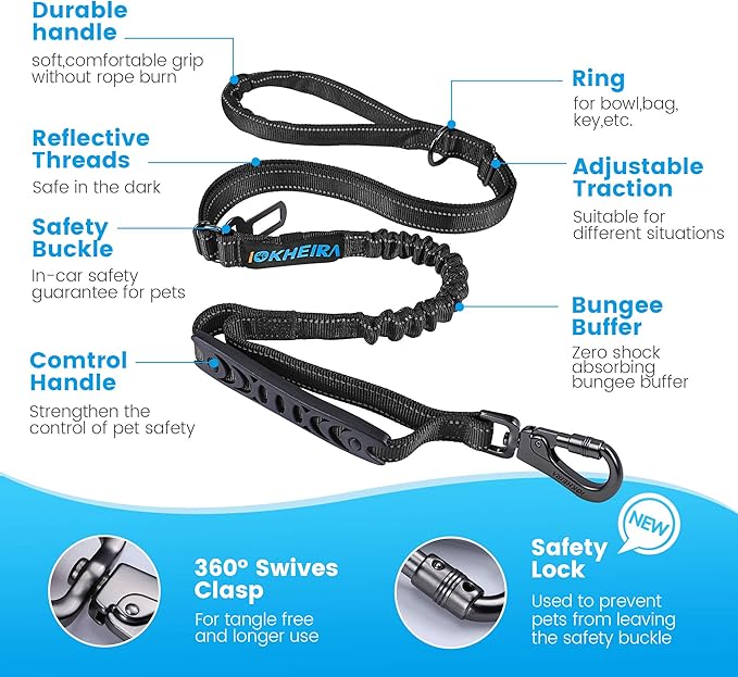 IOKHEIRA 6Ft /4Ft Dog Leash Rope for Large Dogs, Heavy Duty with Comfortable Padded Handle and Highly Reflective Threads,4-in-1 Multifunctional Dog Leashes with Car Seat Belt for Training (Black)