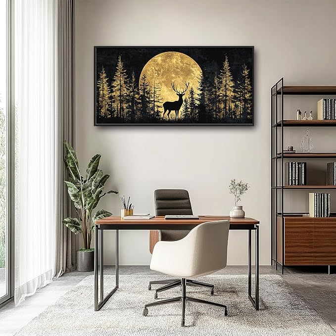 Large Moon Deer Forest Wall Art for Living Room, Black Gold Canvas Oversized Wall Decor, Elk Animal Framed Pictures Painting Print Artwork for Bedroom Office 60L" x 30W"