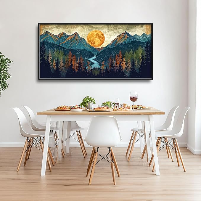 Quorin Boho Mountain Large Wall Art Mountain Landscape Pictures Moon Pine Tree Forest Lake Wall Decor Nature Canvas Print Painting Artwork for Bathroom Living Room Bedroom 60L x 30W
