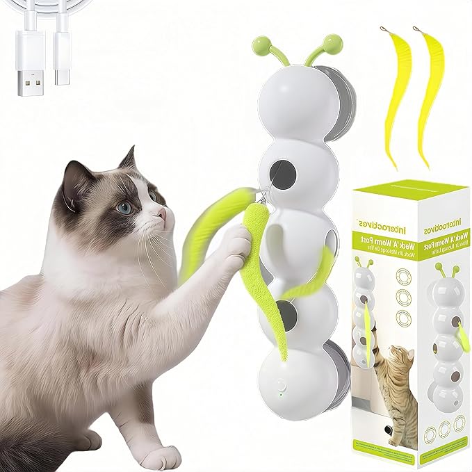 Interactive Cat Feather Toy, Automatic Fluffy Cat Teaser, Whack-a-Mole Cat Toy, USB Rechargeable, Wall-Mounted, with Suction Cup, Perfect for Indoor Cats