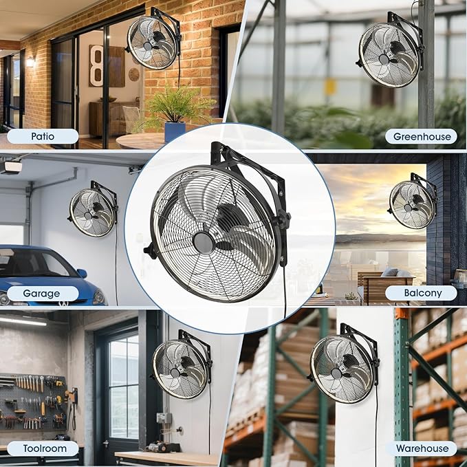 16 inch Wall Mount Fan with Lights and Remote,6-Speed Gazebo Ceiling Fan Adjustable Tilt Dimmable Wall Fan,High Velocity Industrial Outdoor Fans for Patio,Garage,Commercial,Black