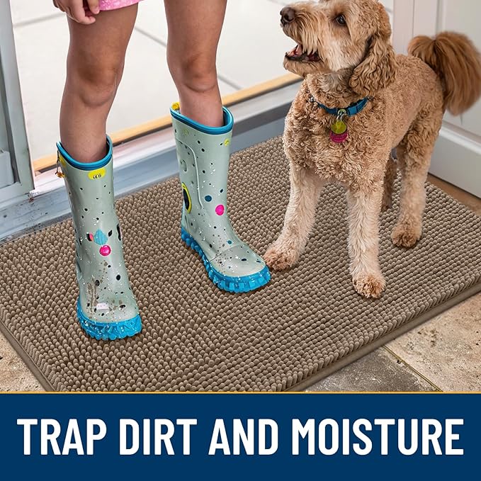 Smiry Dog Door Mat for Muddy Paws 47x24, Absorbs Moisture and Dirt Doormat, Non-Slip Washable Quick Dry Chenille Front Door Mat Indoor Entrance, Entryway Carpet for Inside Floor, Camel