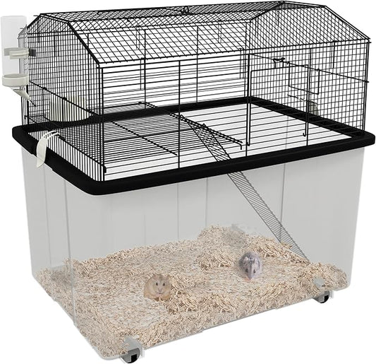 PawHut Hamster Cage, Gerbil Cage 2 Tier with Wheels, Deep Bottom, Ramp, Food Dish, Water Bottle, for Dwarf Hamster, Syrian Hamster, 57 x 43 x 57cm - Black