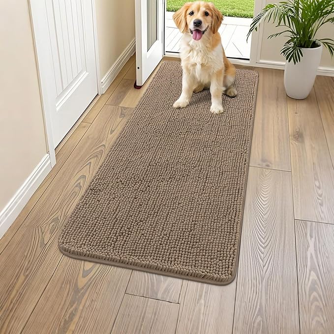 Smiry Dog Door Mat for Muddy Paws 47x24, Absorbs Moisture and Dirt Doormat, Non-Slip Washable Quick Dry Chenille Front Door Mat Indoor Entrance, Entryway Carpet for Inside Floor, Camel
