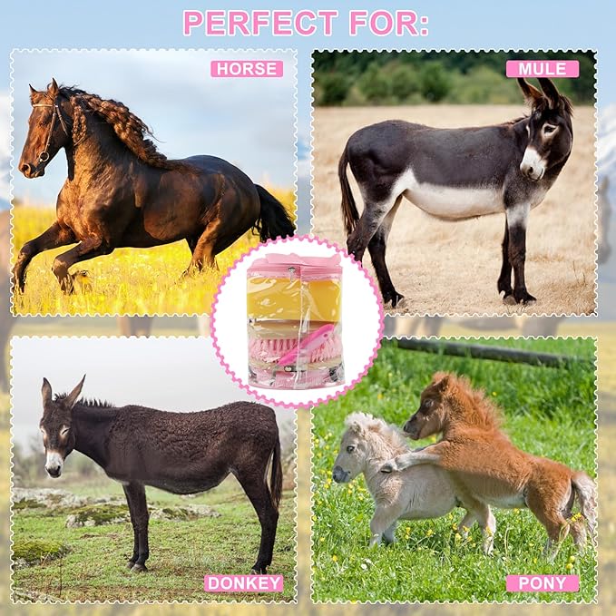 Horse Grooming Kits, 9 Pieces Pink, Includes Tote Bag, Bathing Supplies Sweat Scraper Bathing Sponge, Hoof Pick, Curry Comb for Horse Riders Beginners