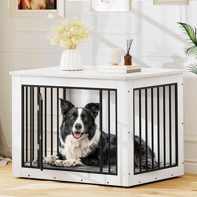 YITAHOME 38.2" L Dog Crate Furniture for Large Dogs, 2-in-1 Iron-Wood Fusion Dog cage Indoor up to 60 lb, Side End Table, Modern Dogs Kennel with Waterproof Top, Safety Corners,Steel Lock,White