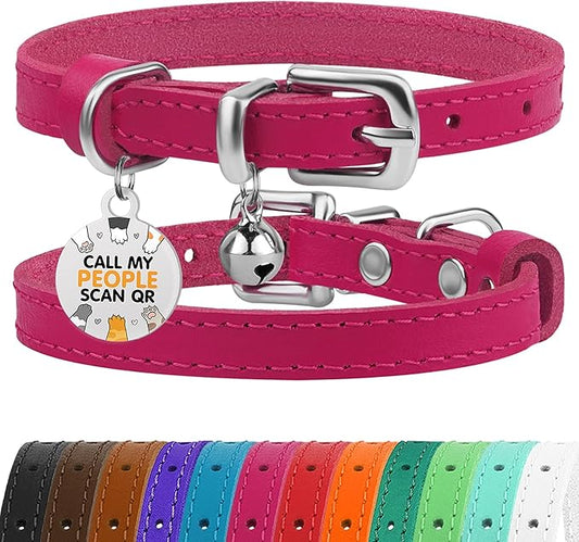 BRONZEDOG Leather Cat Collar with Removable Bells Non Breakaway Kitten QR Tag for Girl Boy (7" - 9" for Cats, Pink & Silver)