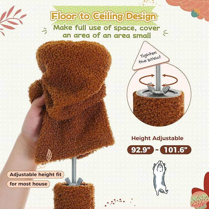 PEQULTI Floor to Ceiling Cat Tree 92.9’’-101.6’’ Height Adjustable Mushroom Cat Tower Tall Climbing Play House with Scratching Posts, Cozy Condo, Perches and Large Hammock for Indoor Cats Brown