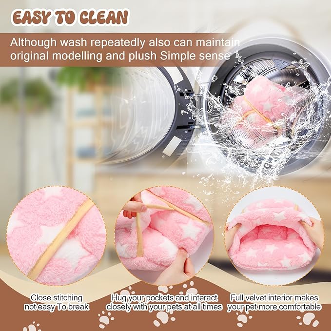 Wenqik 2 Pcs Guinea Pig Bed Cuddle Warm Hideout Small Animal Sack Cozy House Bedding Sleeping Cushion Portable Pet Carrier Cage Nest for Rabbit Hamster Rat (Gray, Light Pink,Pentagram)