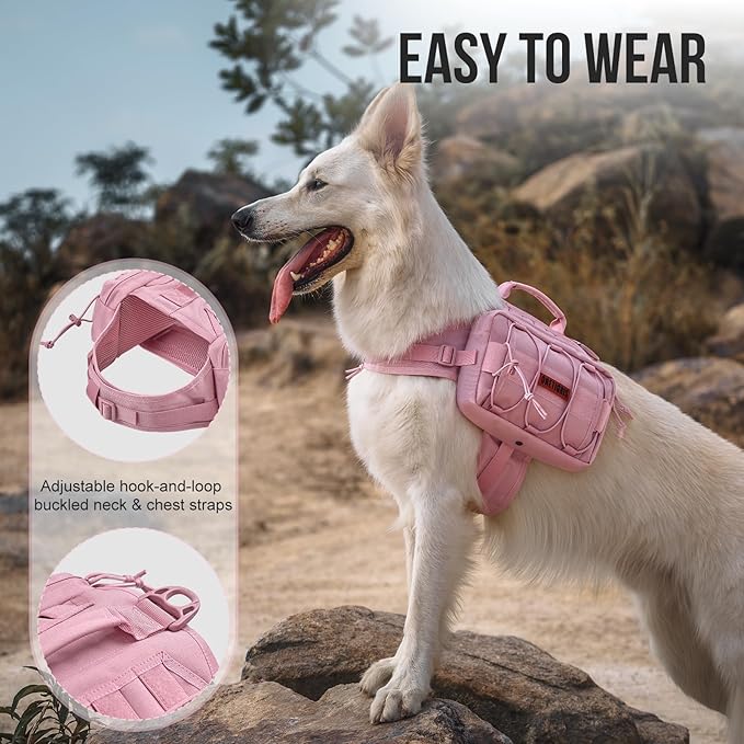 ONETIGRIS Dog Backpack for Medium & Large Dogs, Mammoth Nylon Dog Pack Tactical Backpack Harness with Side Pockets for Hiking Walking Training Running (Pink, Large)