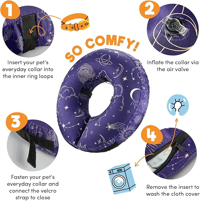 BENCMATE Inflatable Dog Cone Collar Alternative, Soft Dog Cone for Small Medium Large Dogs and Cats, Neck Recovery ECollar Donut Collar After Surgery (XLarge, Constellation)