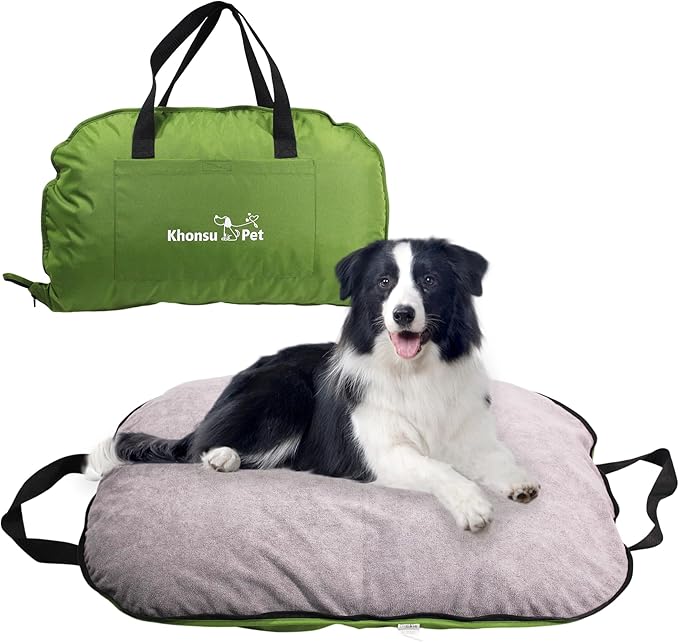 Portable Waterproof Dog Mat for Camping, Patio & Travel - Foldable Outdoor Dog Bed with Teflon Shell & Removable Plush Pad - Easy Clean, Durable - L (Sage Green)