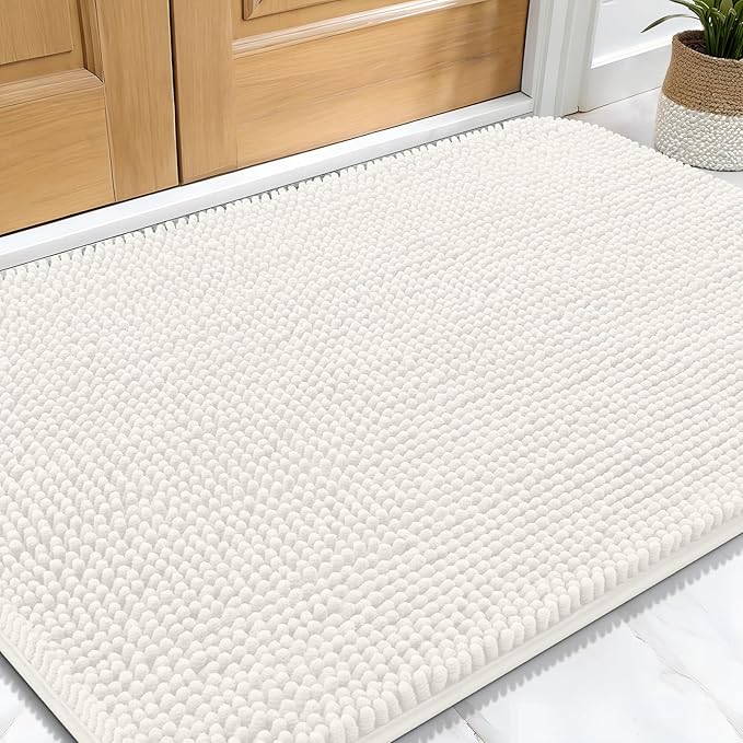 OLANLY Dog Door Mat for Muddy Paws 34x21, Absorbs Moisture and Dirt, Absorbent Non-Slip Washable Doormat, Quick Dry Chenille Mud Mat for Dogs, Entry Indoor Entryway Carpet for Inside Floor, Ivory