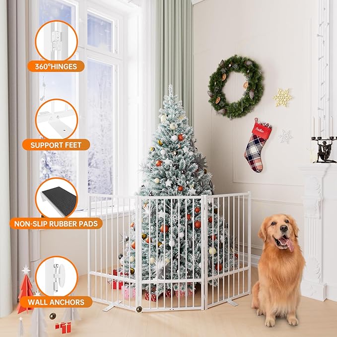 Full Metal Freestanding Dog Gate with Door, 36''Height Foldable Pet Dog Fence for Indoor & Outdoor, 3 Panels Extra Wide Free Standing TallDog Gates for Doorways,House,Stairs,Porch,Deck,Yard