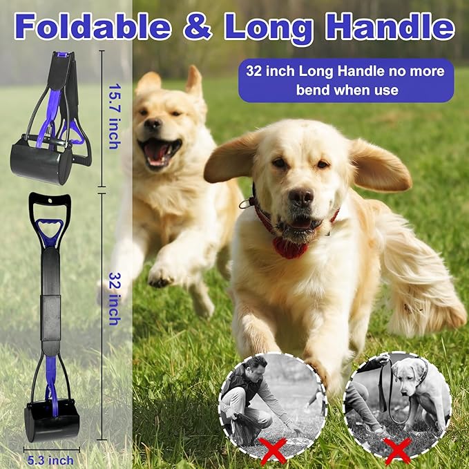 Pooper Scooper with Bags, 32" Long Handle Dog Poop Scooper for Large Medium Small Dogs, Durable Spring and High Strength Material Foldable Waste Pickup Tool for Easy Grass and Gravel Pick Up, Blue