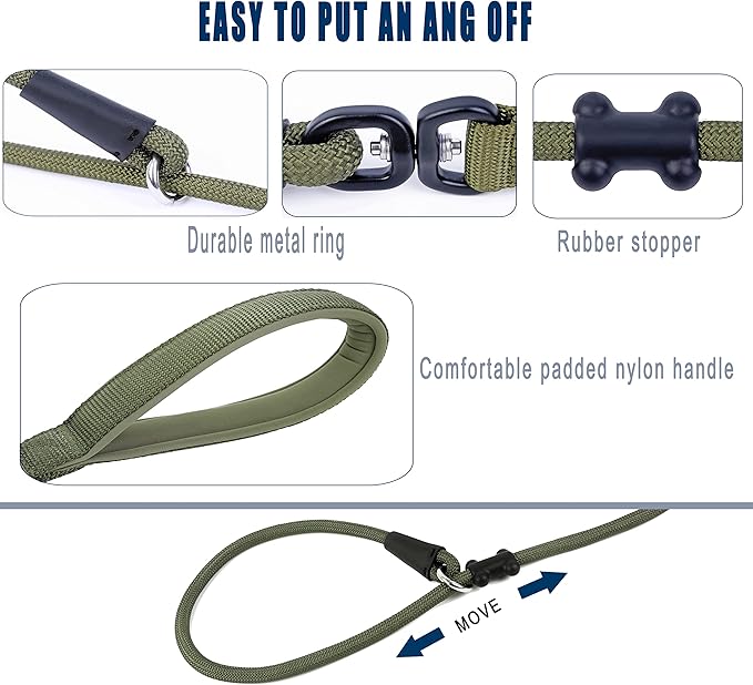 Slip Lead Dog Leash，Strong Nylon Rope Leash and Padded Handle,No Pull Outdoor Walking Training Lead for Small Medium Large Dogs(Army Green,1/2"×4ft)