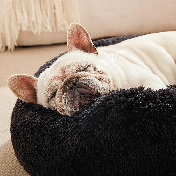 Love's cabin Calming Cat Bed for Indoor Cats,Anti-Anxiety Donut Round Dog Bed,Fluffy Faux Fur Washable Pet Bed for Small Medium Dogs and Cats,Black,20in