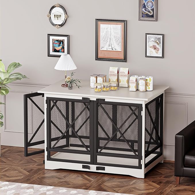 COZPAW Large Dog Crate Furniture - 48 inch Heavy Duty Dog Kennel Indoor for XLarge Breed with Double Doors, Wooden Dog Cage XL Modern Decorative End Table Pet House (White)