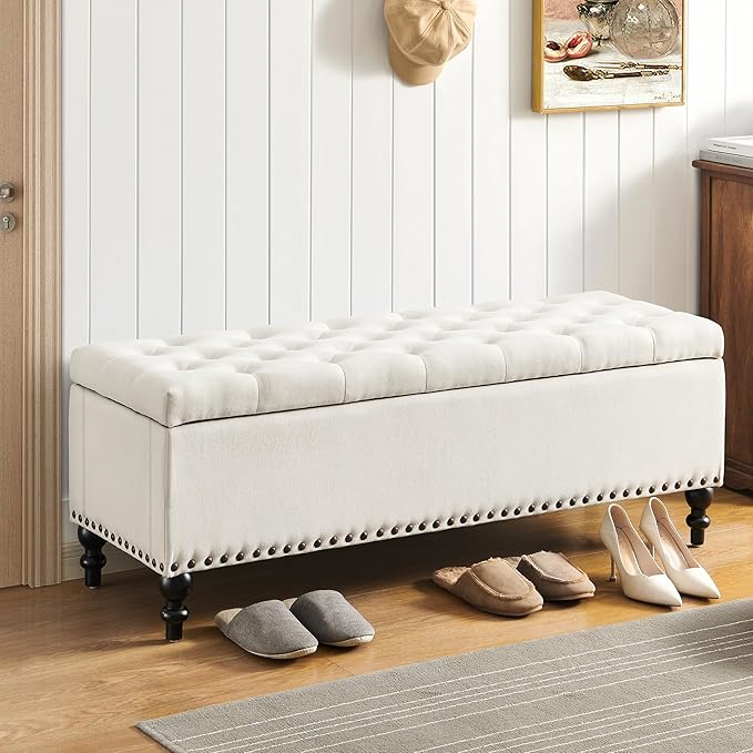 Ottoman with Storage,50.2-inch Upholstered End of Bed Storage Bench for Bedroom,for The Living Room,for Entryway, with Rivets & Button and Safety Hinges,Detachable (White)