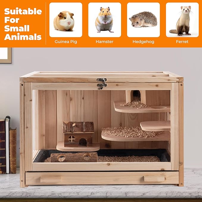 Wooden Hamster Cage, Animal Cabinet for Dwarf Syrian Hamsters Transparent Hamster Cage, Small Animal Cage, Suitable Guinea Pig,Rodents, Hamster Habitats Enclosure, Habitats with Ladder
