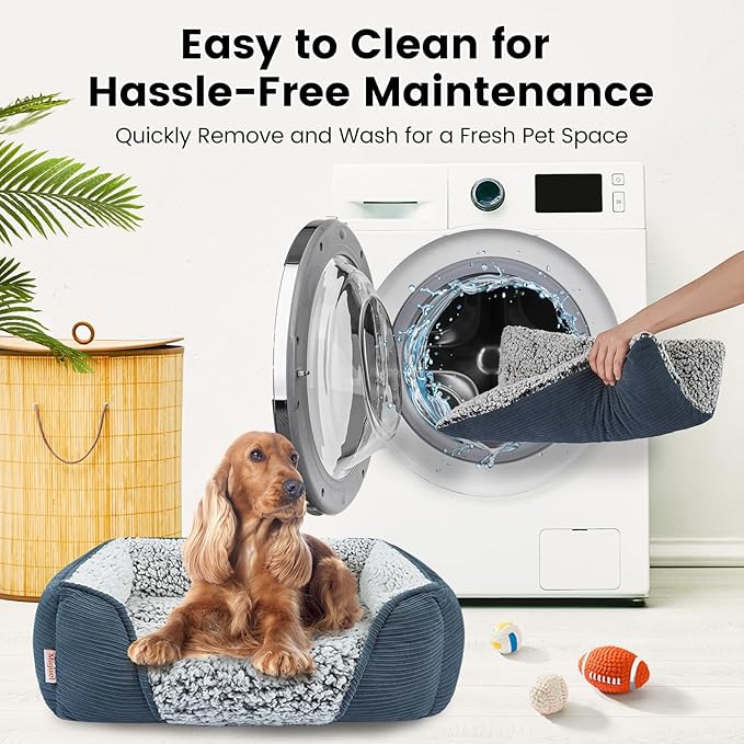 Miguel Washable Dog Bed for Medium Small Dogs, Calming Cuddle Cat Sofa Bed with High Sides, Rectangle Cat Beds for Indoor Cats Dog Bed with Anti-Slip Bottom, Blue 25 Inch