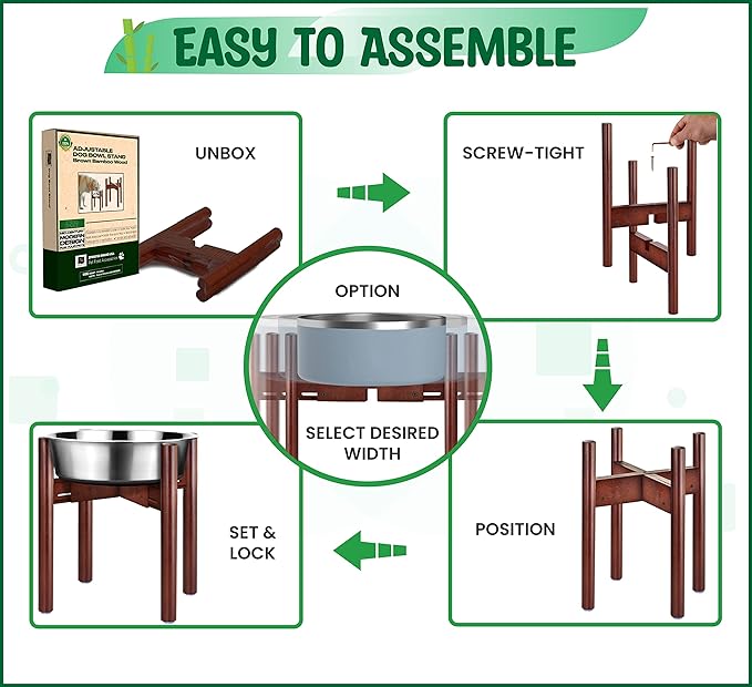 Stand for Dog Water/Food Bowl, Fountain Dishes and Feeders - Makes 14-inch High, Ideal for Large Breeds - Adjustable Sideways with Lock, Dark Wood - Bowls Not Included