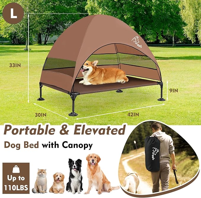 Upgraded Elevated Dog Bed with Canopy, Portable Raised Outdoor Dog Bed with Stable Anti-Slip Feet, Raised Wider Shade Pet Bed Cot for Large Dogs Camping, Indoor & Outdoor Use