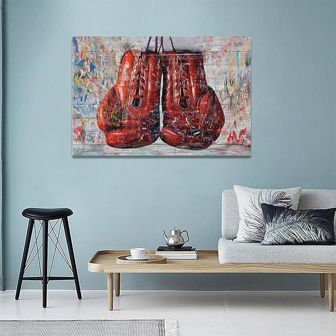 Quorin Banksy Graffiti Boxing Wall Art Red Boxing Gloves Pictures Gym Sport Wall Decor Canvas Print Painting Artwork for Gym Living Room Bedroom 16"x24"