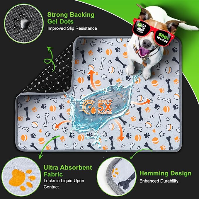 Hompet Washable Pee Pads for Dogs, 22"x14.5", 2-Pack Thick Heavy Absorbency Reusable Pee Pads Prevent Leakage Non-Slip, Pet Training Pads for Puppy Playpen, Crate, Potty, Floor, Bed, Sofa