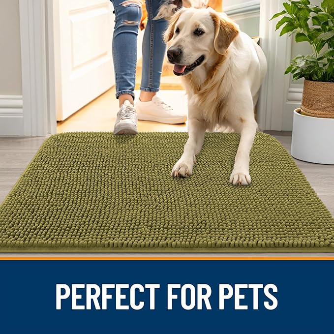OLANLY Dog Door Mat for Muddy Paws 44x24, Absorbs Moisture and Dirt, Absorbent Non-Slip Washable Doormat, Quick Dry Chenille Mud Mat, Entry Indoor Entryway Carpet for Inside Floor, Willow Green