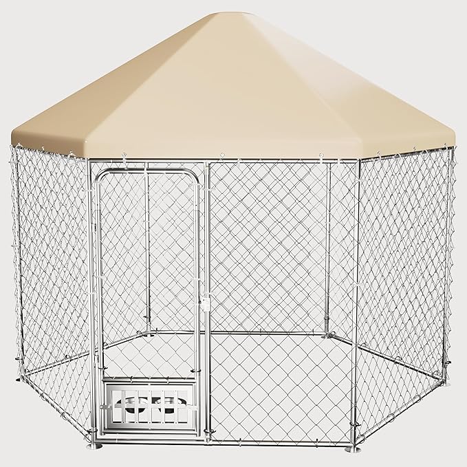 Outdoor Dog Kennel with Cover, Large Dog Run Fence House Big Cage Pen Enclosure, Heavy Duty Dogs Play Cage Pen Kennel (110" L x 95" W x 92.8" H)