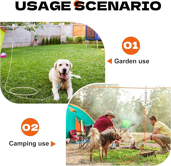 75ft Dog Runner for Yard Large Dog Heavy Duty with Double Shock Absorbers Tangle-Free Aerial Trolley System for Large Dogs Up to 250lbs (Orange)