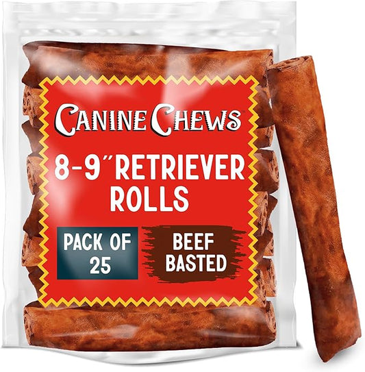 Canine Chews 8-9" Beef Basted Thick Rawhide Retriever Rolls - Pack of 25 Beef-Flavored Long-Lasting Dog Rawhide Chews - Protein-Dense Jumbo Rawhide Bones For Large Dogs - Treats for Aggressive Chewers