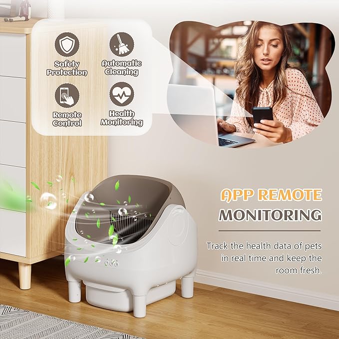 Greesum Automatic Self-Cleaning Litter Box for Cats - Open-Top Design, Easy Odor Control, Smart APP Control, 15L Large Waste Bin, Includes Trash Bags & Mat (Brown)