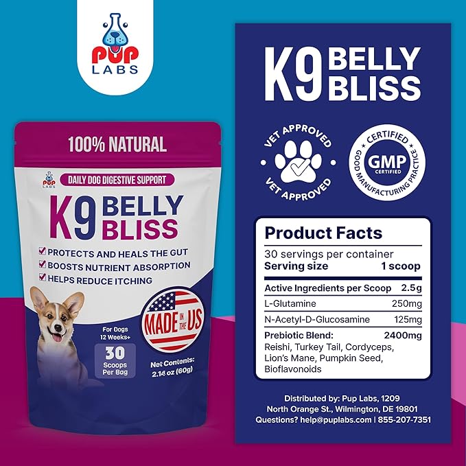 K9 Belly Bliss, All-Natural Gut Health for Dogs, Vet Approved Prebiotic for Dogs for Daily Digestive Support and Dog Constipation Relief, Easy to Use Topper for Dry and Wet Food, 30 Scoops.
