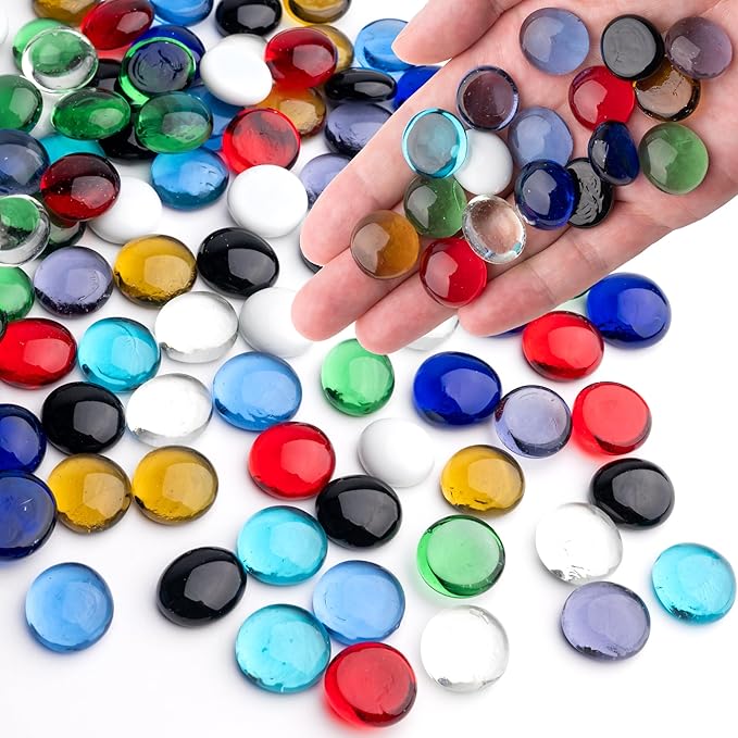 1LB Mix Glass Marbles, Transparent and Smooth Flat Glass Beads for Vases, Mosaic Gem Pebbles for Aquarium Decor, Floral Arrangements, Mancala Stones, Vase Filler and Crafts(Approx. 80-100 PCS)