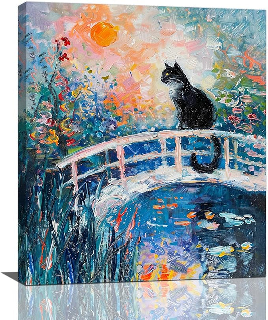 Quorin Black Cat Wall Art Water Lily Sunset Pictures Cat Wall Decor Impressionism Canvas Print Painting Artwork for Bathroom Living Room Bedroom 20"x24"