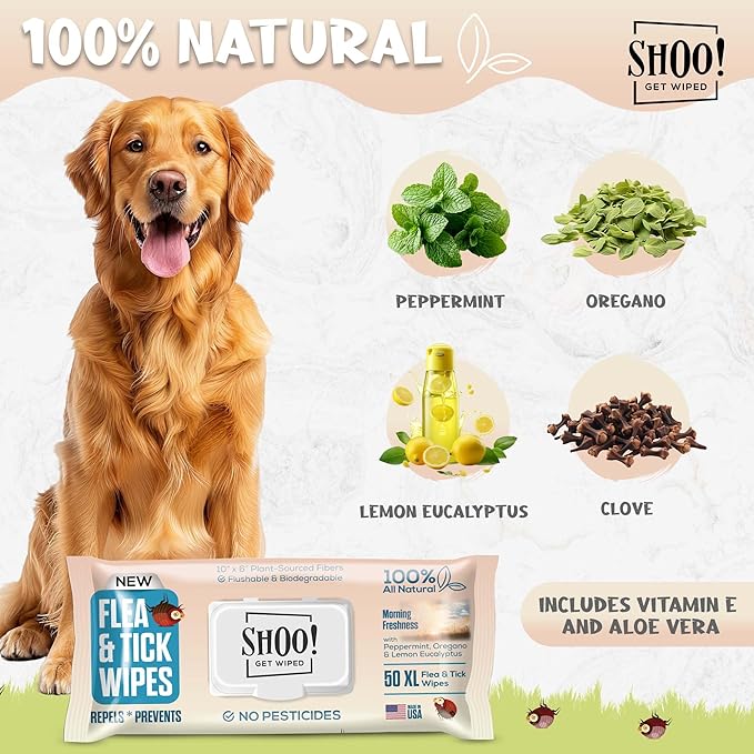 Shoo! Flea & Tick Wipes for Dogs | Convenient, Easy On-The-Go Protection | Plant Based, Natural Oils, Chemical Free | Repels & Prevents | 50 XL Wipes | (Morning Freshness)