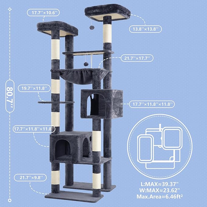 Hey-brother Tall Cat Tree Tower, Heavy Duty Scratching Posts with Large Platforms, Cozy Condos, Big Hammock, Toy Balls, Multi-Level Furniture for Indoor Adult Cats, 80.7 Inches, Smoky Gray MPJ039G