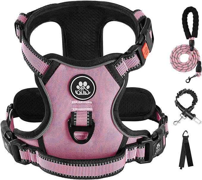 IVY&LANE No Pull Dog Harness for Large Dogs, Dog Vest Harness with Leash, Safety Belt and Storage Strap, Fully Adjustable Harness, 360° Reflective Strip, Soft Handle (Pink, XL)