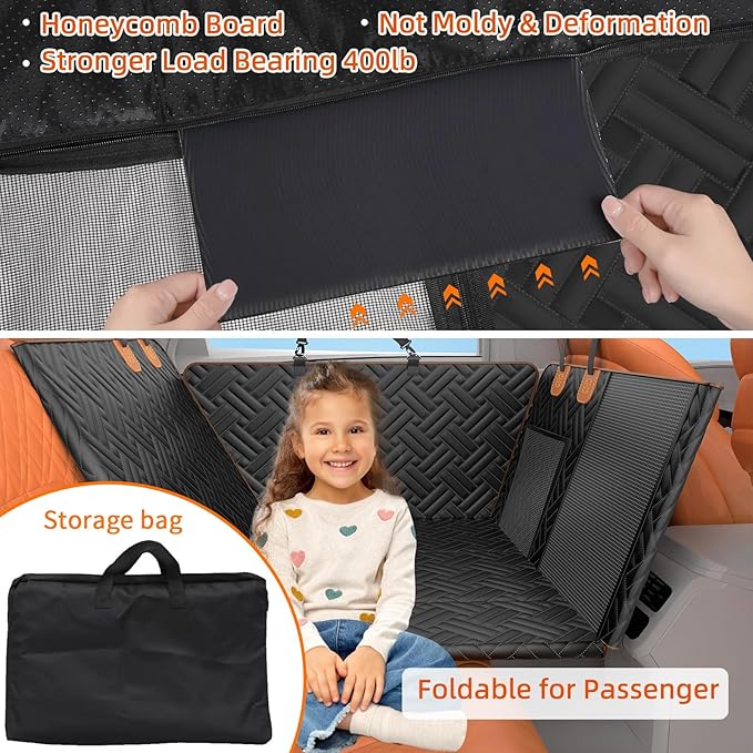 Dog Car Seat Cover for Back Seat,100% Waterproof & Scratchproof Back Seat Pet Cover for Dogs,5MM PP Board Hard Bottom Dog Bed for Car,Supports 400lbs Back Seat Extender for Dogs for Car/SUV