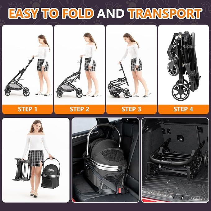 Kenyone 3-in-1 Pet Stroller for Small Medium Dogs Puppy Cat Stroller with Detachable Carrier & Pad Lightweight Foldable Aluminum Alloy Frame Dual No-Zip Entry(Black)
