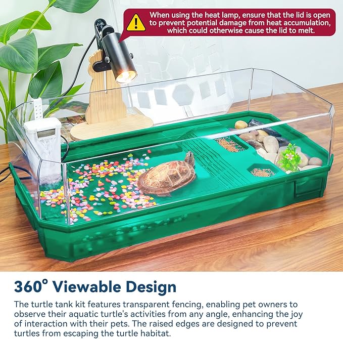 Aquatic Turtle Tank Habitat Kit Stone+Filter+Heat Lamp Enhancing Interaction with 360° Viewing, Standalone Filtration, DIY Creative Zone, Enriched Living (Green, Large[with Light])