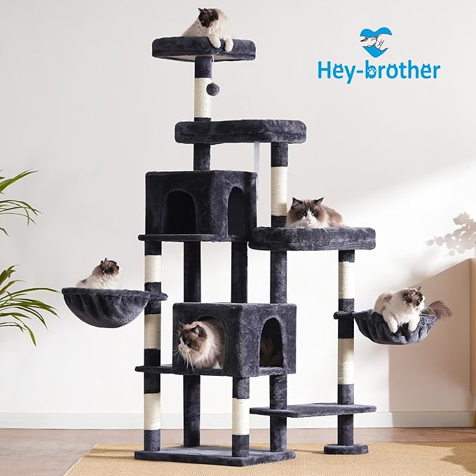 Hey-brother Cat Tree Tower, Scratching Posts with a Extended Part, Wide Platforms, Cozy Condos, Hammocks, Sisal Columns and Ball for Indoor Cats, 70.1 Inches, Smoky Gray MPJ038G